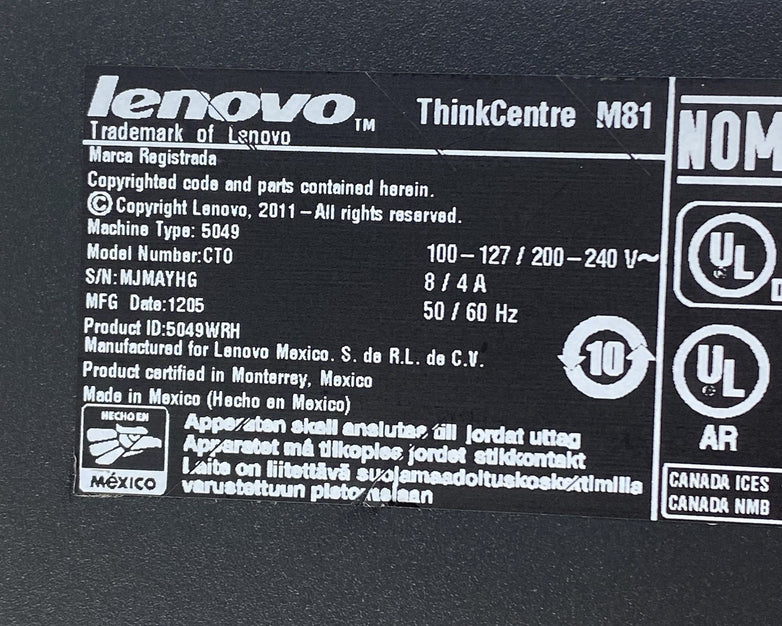 Lenovo ThinkCentre M81 SFF Intel Core i5-2400 3.1GHz 1x4GB RAM No HDD No OS
