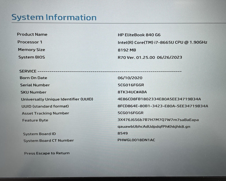 HP EliteBook 840 G6 14" i7-8665U 1.90 GHz 8 GB RAM No SSD/OS/AC - Worn Bottom