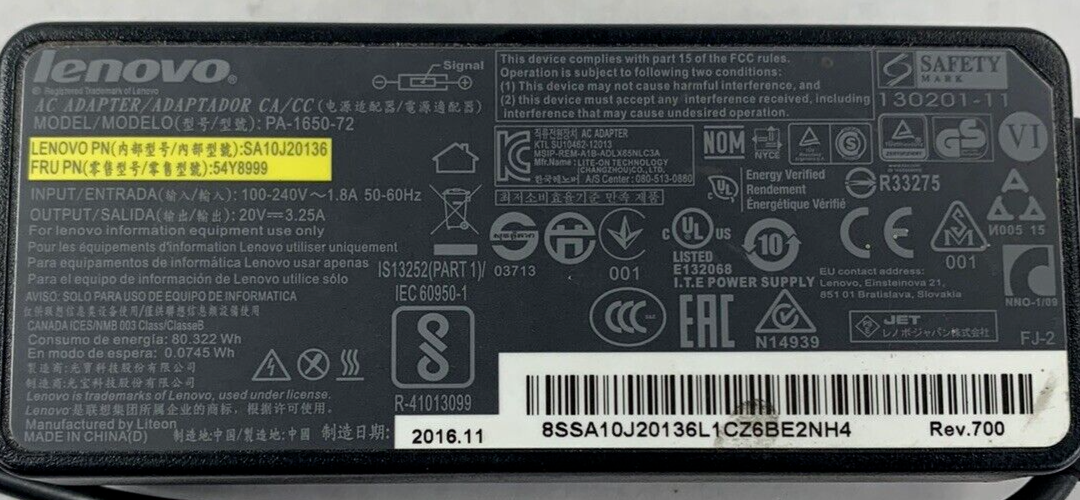 Lot of 2 LENOVO PA-1650-72-1650-72 Power Adapter