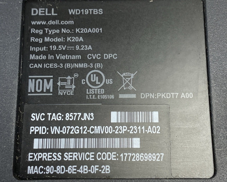 Dell WD19TBS K20A Thunderbolt USB-C Docking Station