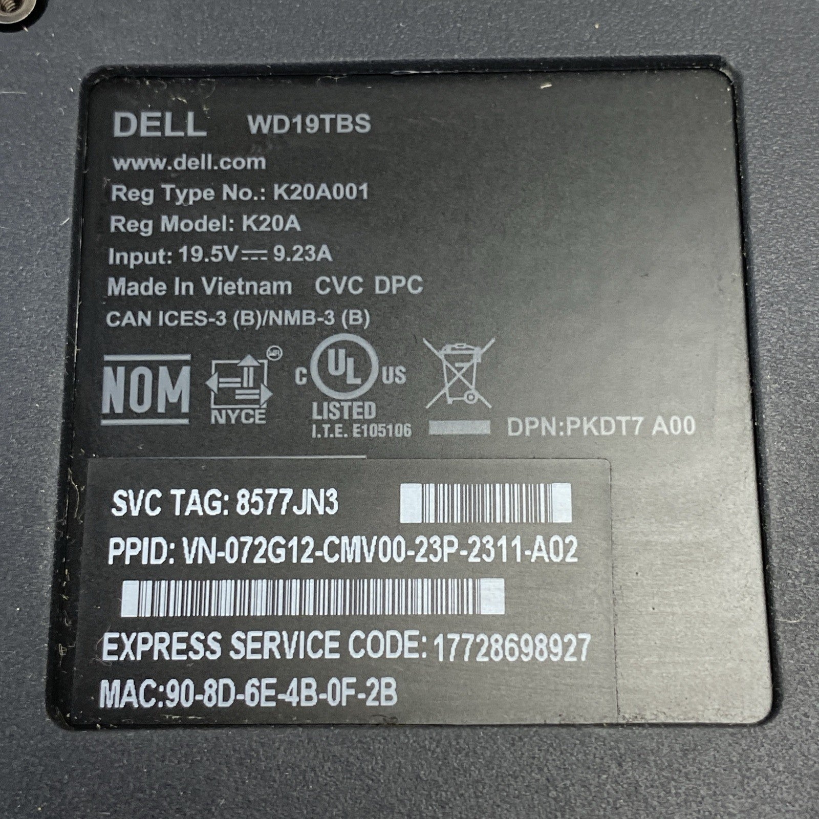 Dell WD19TBS K20A Thunderbolt USB-C Docking Station8