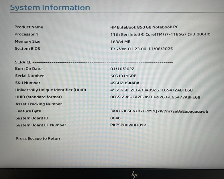 HP EliteBook 850 G8 15.6" i7-1185G7 3.00 GHz 16 GB RAM No SSD/OS/AC/Batt