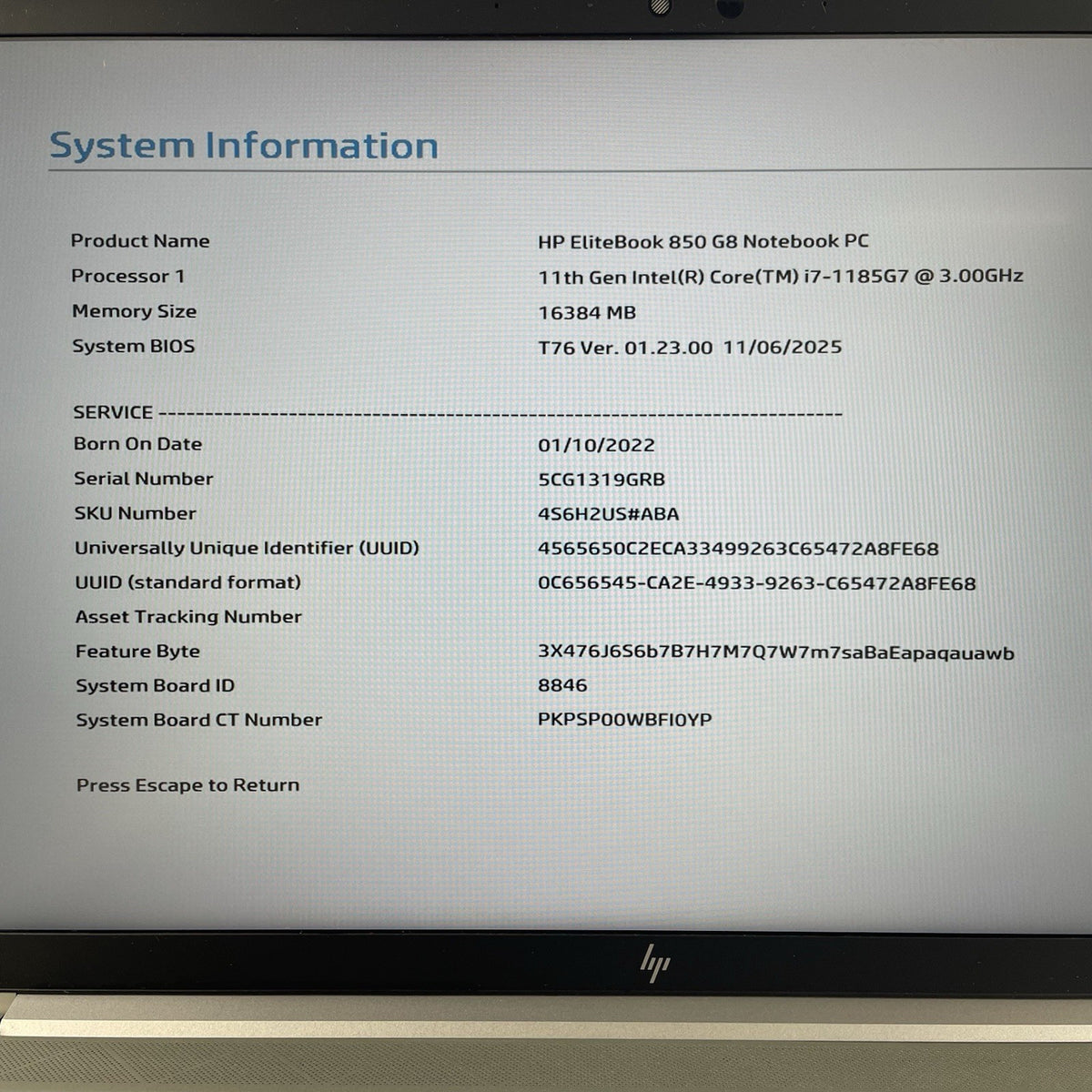 HP EliteBook 850 G8 15.6" i7-1185G7 3.00 GHz 16 GB RAM No SSD/OS/AC/Batt3