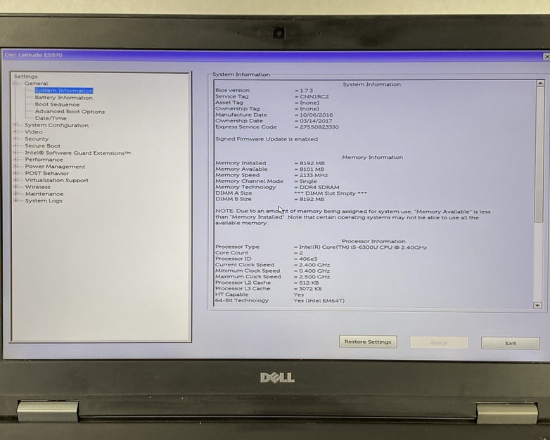 Dell Latitude E5570 Intel Core i5-6300U 2.4GHz 8GB RAM 15.6" No HDD No OS