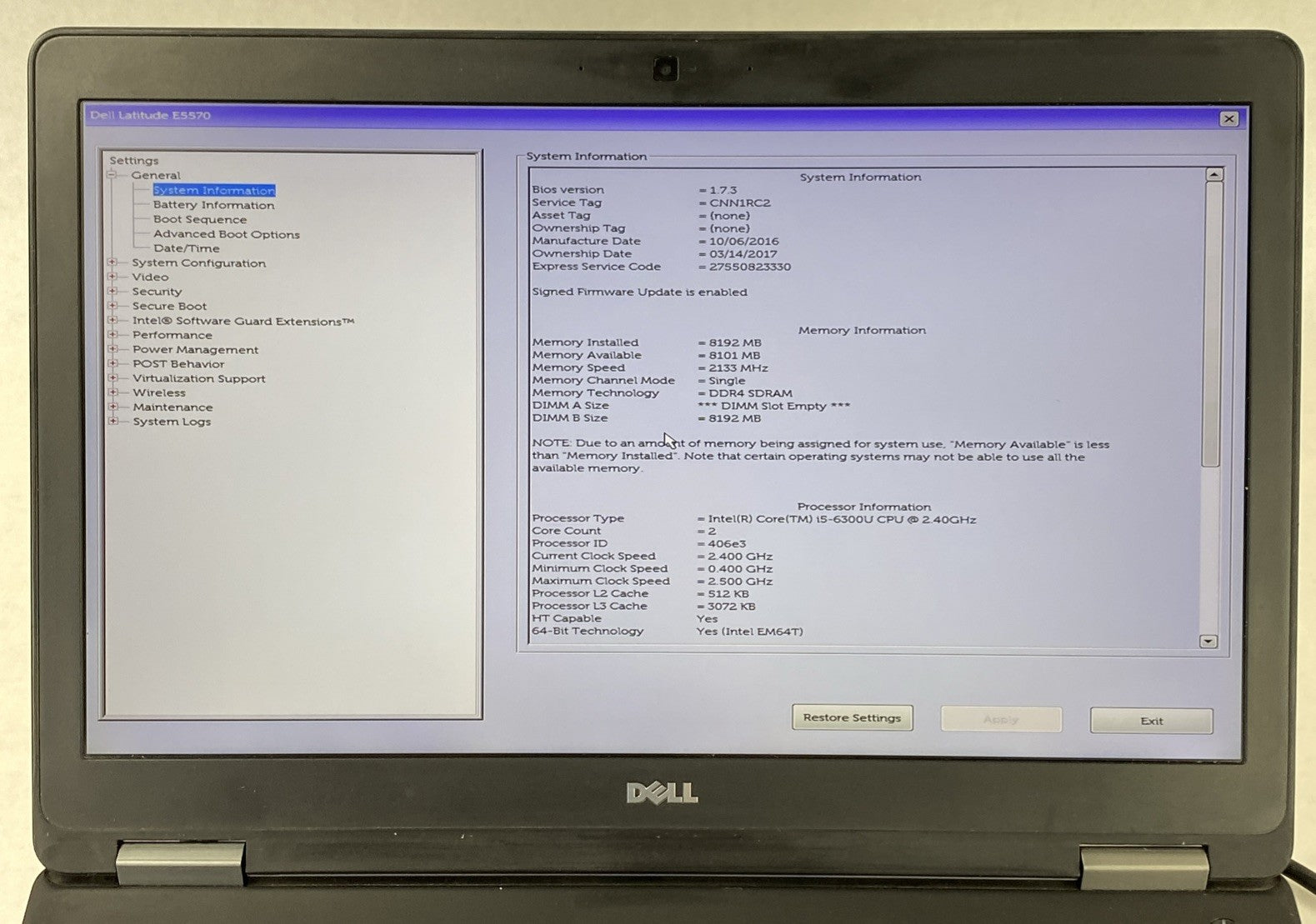 Dell Latitude E5570 Intel Core i5-6300U 2.4GHz 8GB RAM 15.6" No HDD No OS