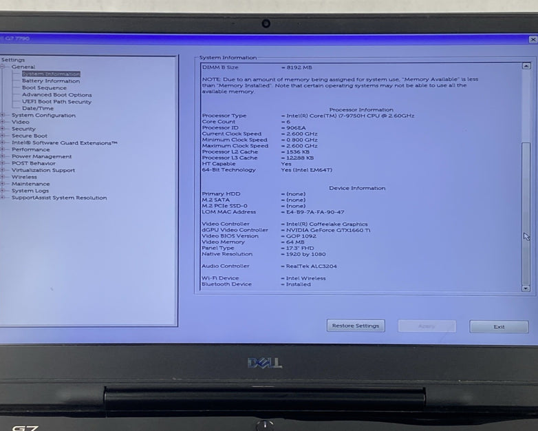 Dell G7 7790 17.3" i7-9750H 2.60 GHz 16 GB RAM GTX 1660Ti No Battery No HDD/OS
