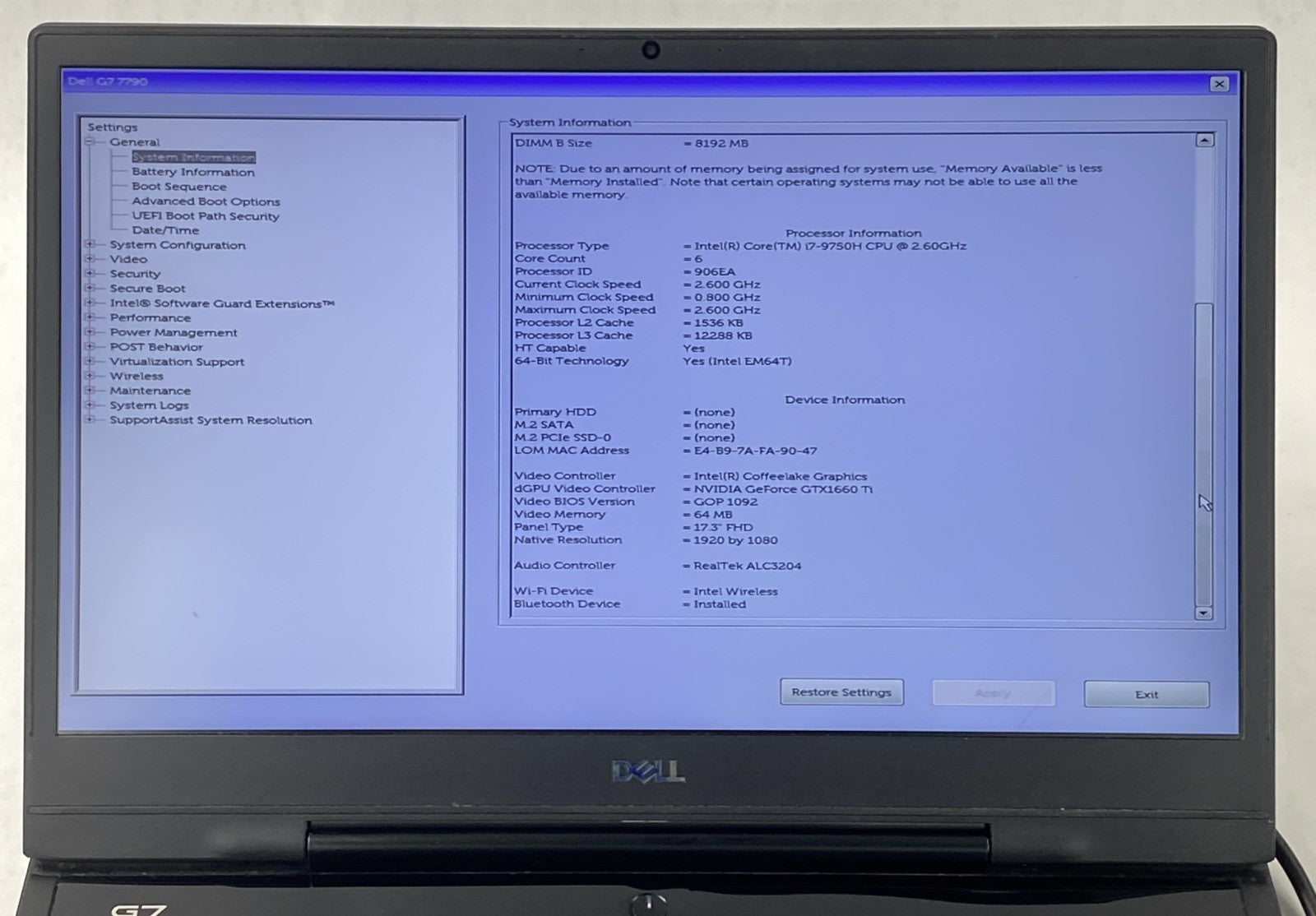 Dell G7 7790 17.3" i7-9750H 2.60 GHz 16 GB RAM GTX 1660Ti No Battery No HDD/OS