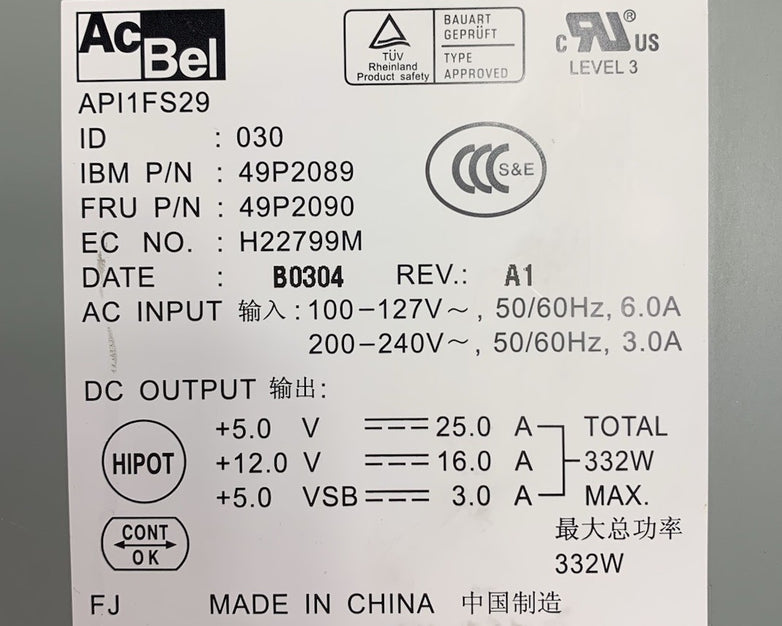 AcBel API1FS29 49P2089 332W Computer Power Supply