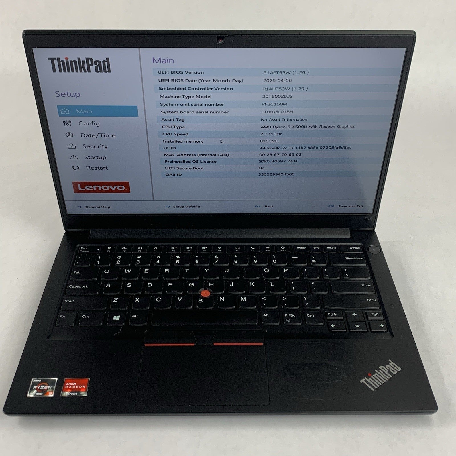 Lenovo ThinkPad E14 Gen 2 Ryzen 5 4500U 2.375 GHz 8 GB Ram No OS/SSD/AC/Batt1