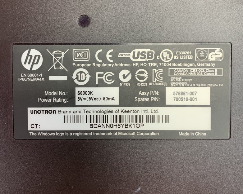 HP S6000K 576861-007 USB-Wired Washable Keyboard
