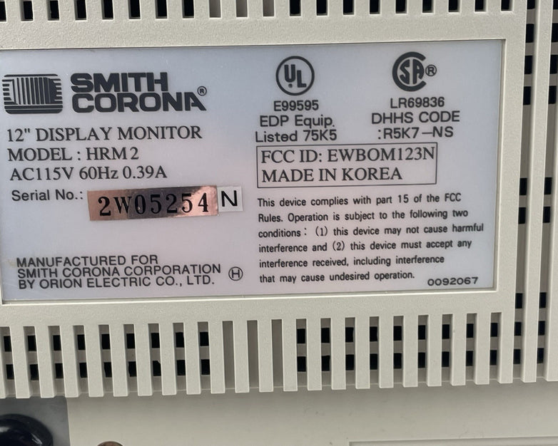 Smith Corona HRM2  12" Display AV Monitor Power Tested