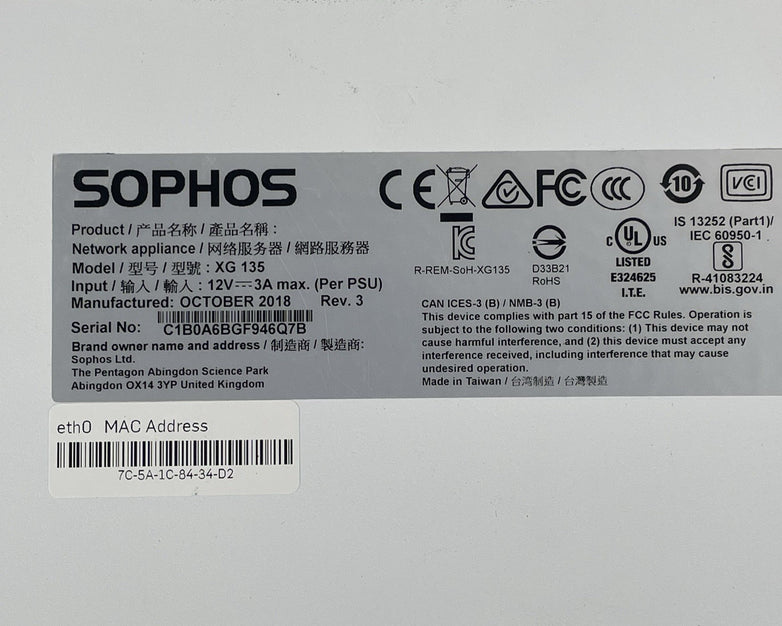Sophos XG 135 Rev.2 Next-Gen Firewall C1895* - Tested