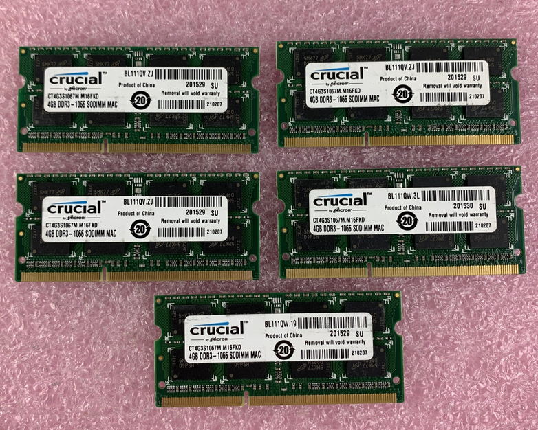 Crucial CT4G3S1067M.M16FKD 4 GB DDR3-1066 PC3-8500S 2Rx8 Laptop Lot of 5x