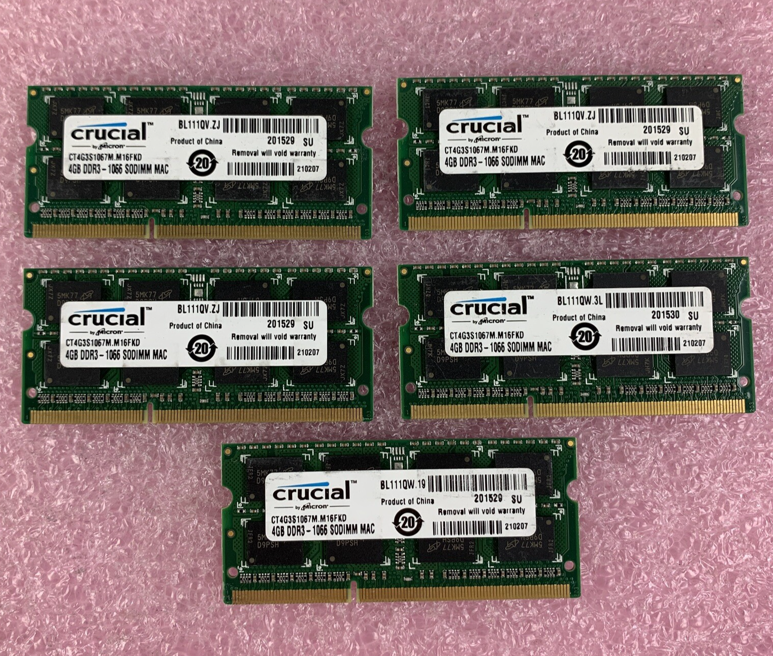 Crucial CT4G3S1067M.M16FKD 4 GB DDR3-1066 PC3-8500S 2Rx8 Laptop Lot of 5x