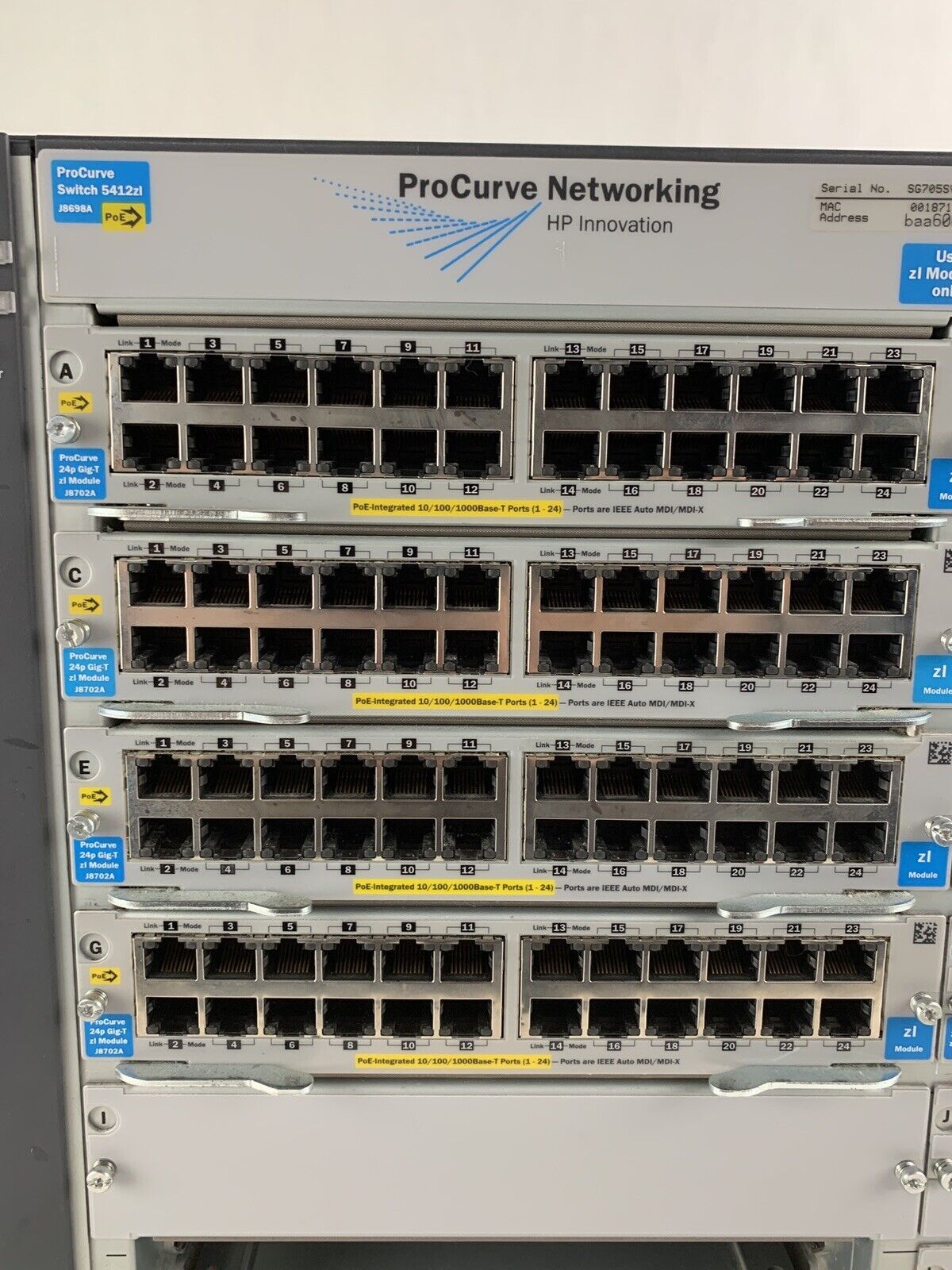 HP ProCurve J8698A 5412zl 8x J8702A 1x J8705A Gig PoE Network Switch Tested