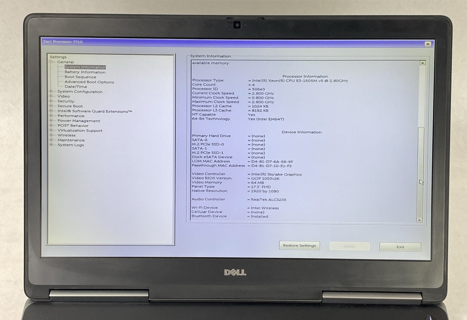 Dell Precision 7710 Intel Xeon E3-1505M v5 2.80 GHz 8 GB RAM 17.3" No HDD No OS