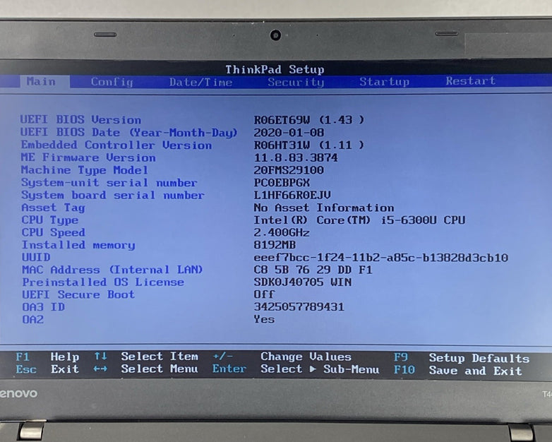 Lenovo ThinkPad T460 Intel Core i5-6300U 2.40 GHz 8 GB RAM 14" No HDD No OS