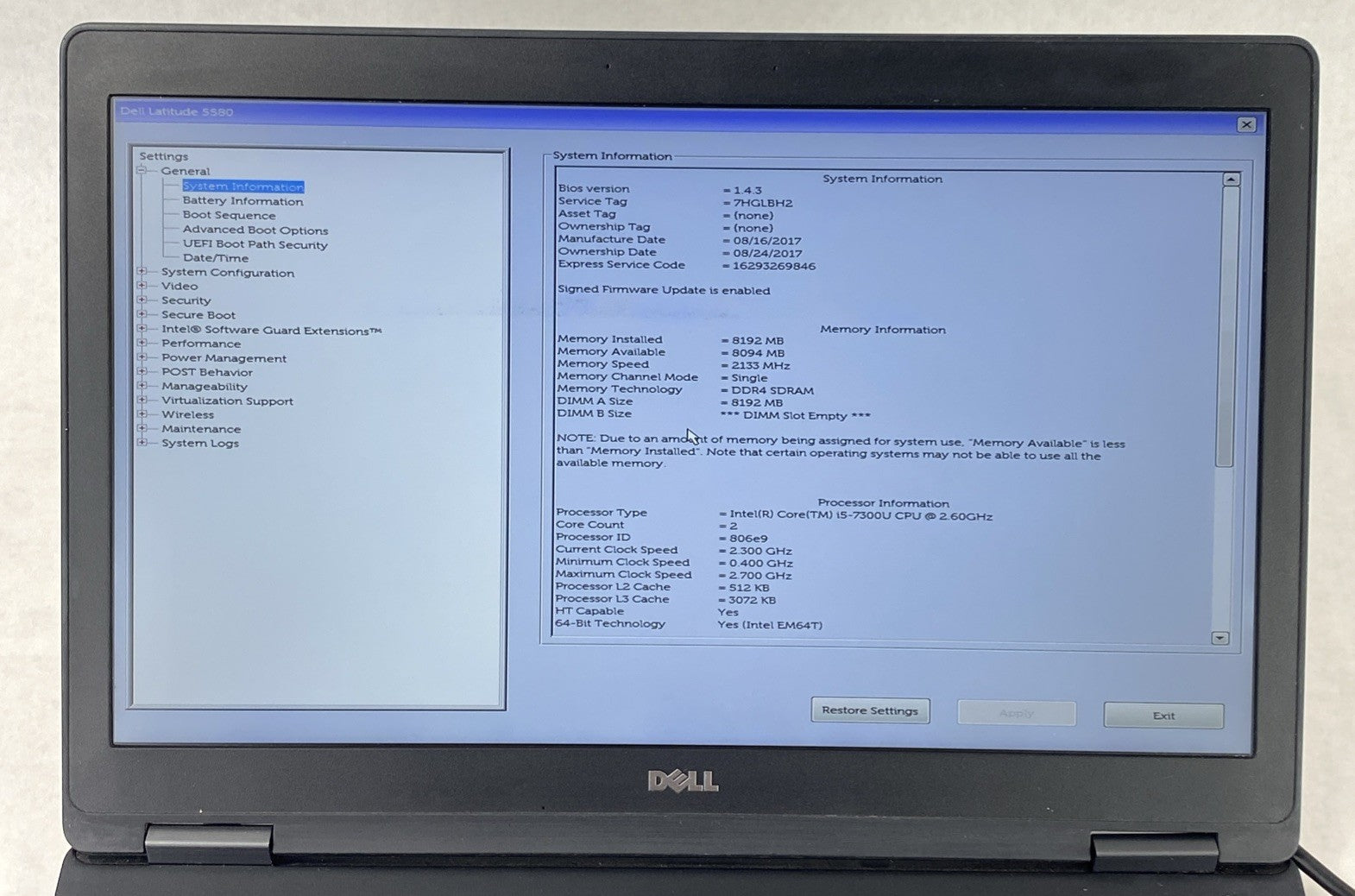 Dell Latitude 5580 Intel Core i5-7300U 2.60 GHz 8 GB RAM 15.6" No HDD No OS