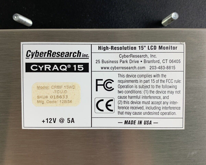 Cyber Research CRBF 15WD-TCU-D CYRAQ 15 High Resolution 15" LCD Touch Monitor