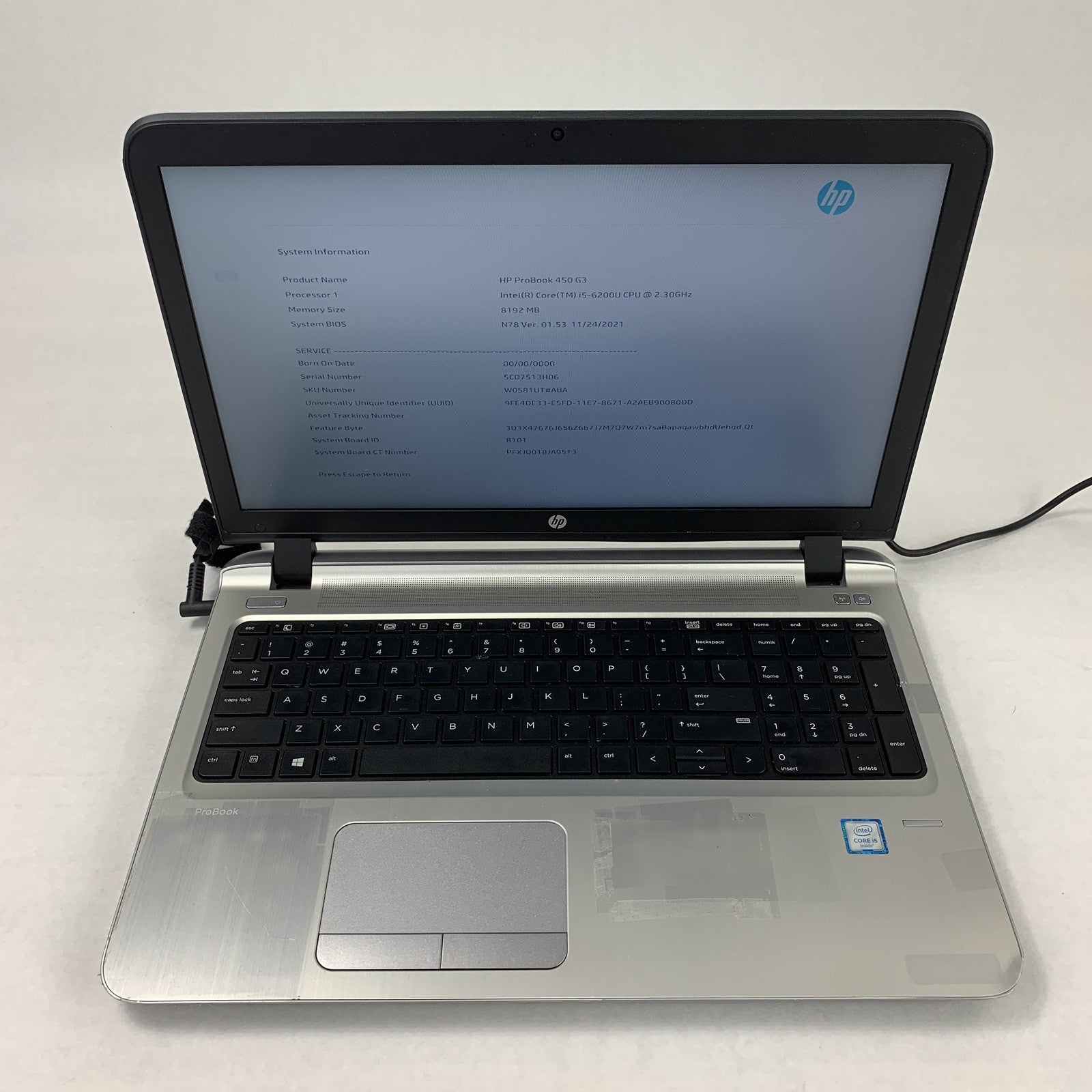 HP Probook 450 G3 Laptop 15.6" i5-6200U 2.3 GHz 8 GB Ram No OS No HDD No AC