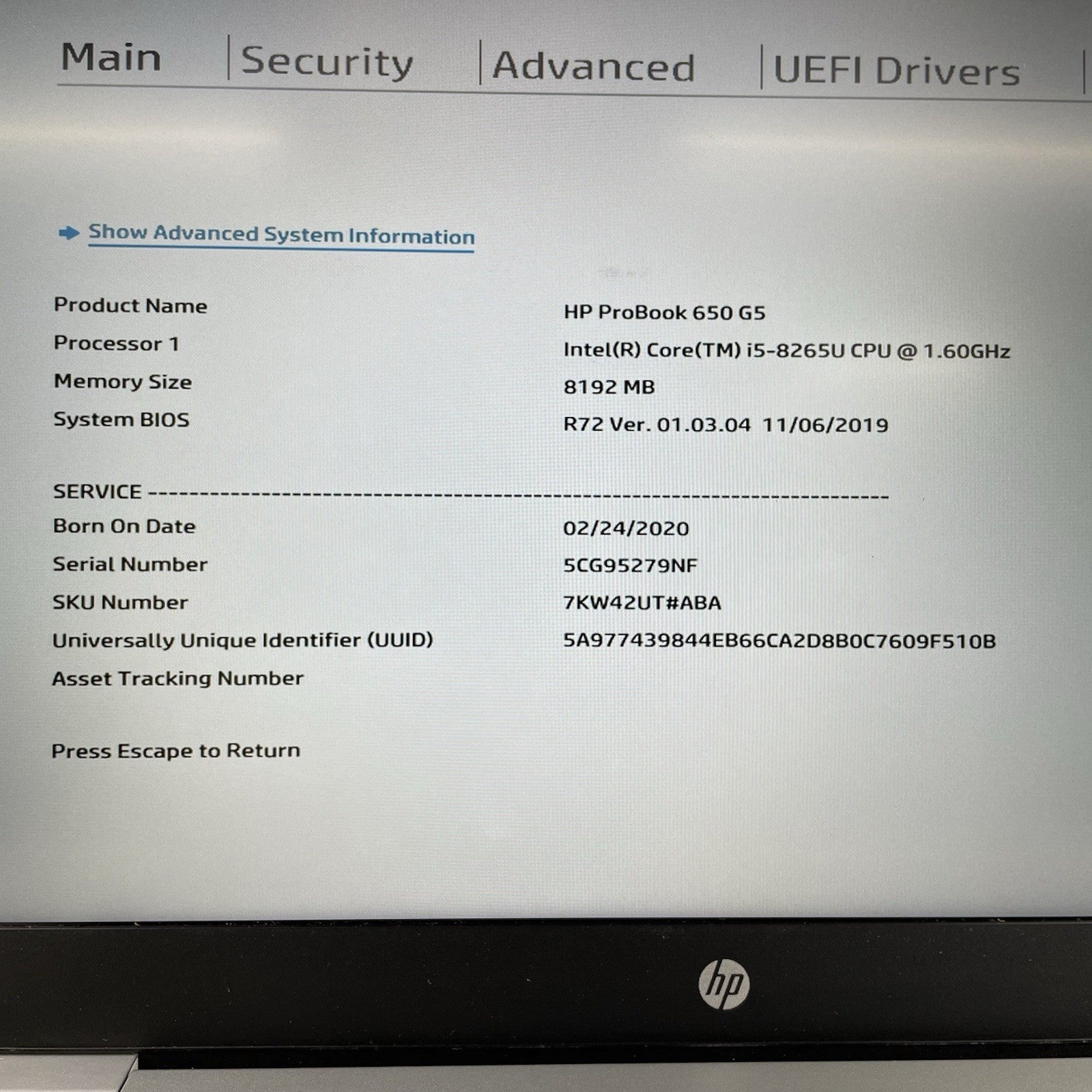 HP ProBook 650 G5 15.6" i5-8265U 1.60 GHz 8 GB RAM No SSD/OS/AC/Batt2