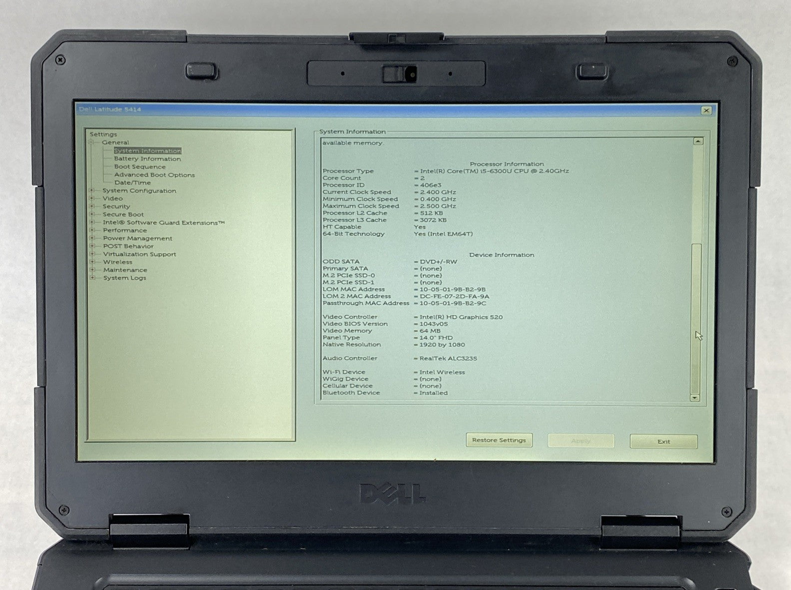 Dell Latitude 14 Rugged 5414 14" i5-6300U 2.4GHz 8GB RAM No Battery No HDD No OS