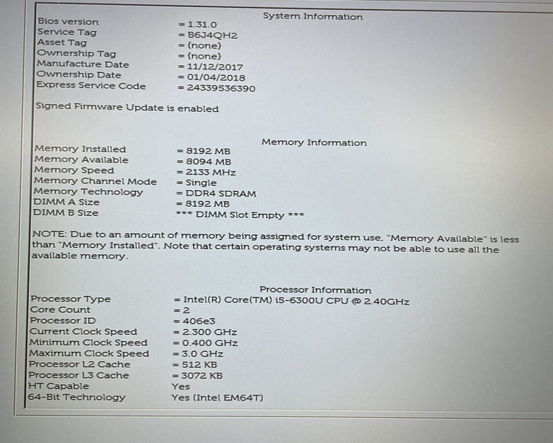 Dell Latitude 5580 15.6" i5-6300U 2.40 GHz 8 GB RAM No SSD/OS/AC