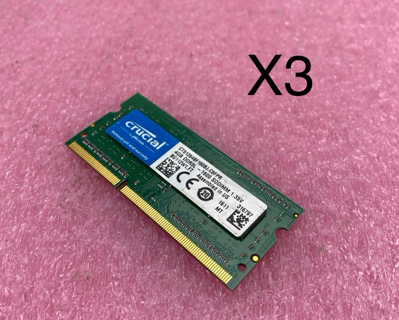 Crucial 4GB DDr3L-1600 Laptop Memory Ram CT51264BF160BJ.C8FPR - Lot of 3