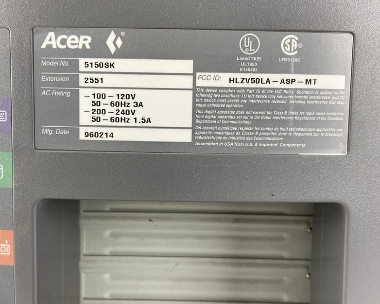 Acer Aspire 5150SK MT Intel Pentium 150MHz 16MB RAM No HDD No OS