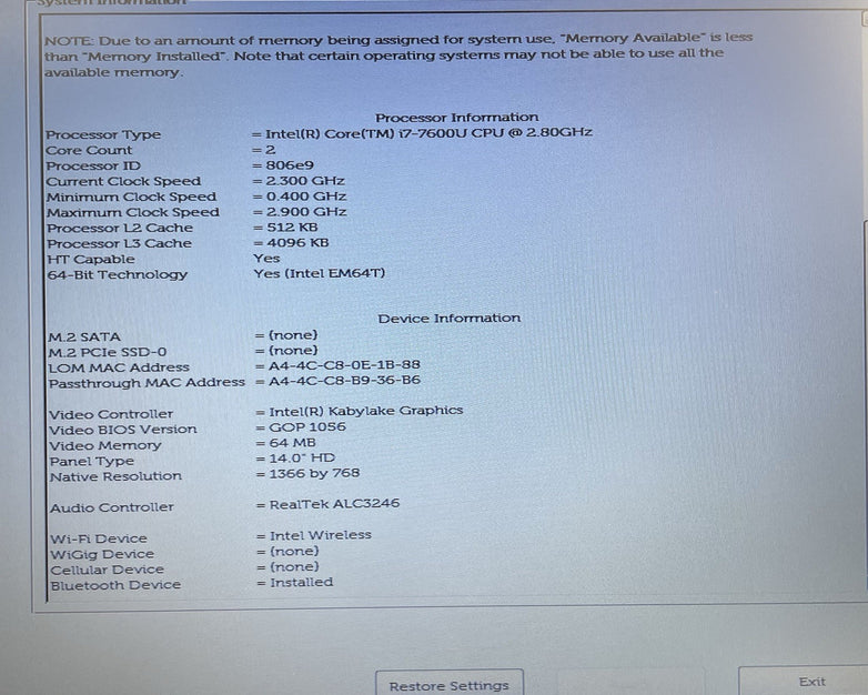 Dell Latitude 5480 14" i7-7600U 2.80 GHz 8 GB RAM No SSD/OS/AC/Batt