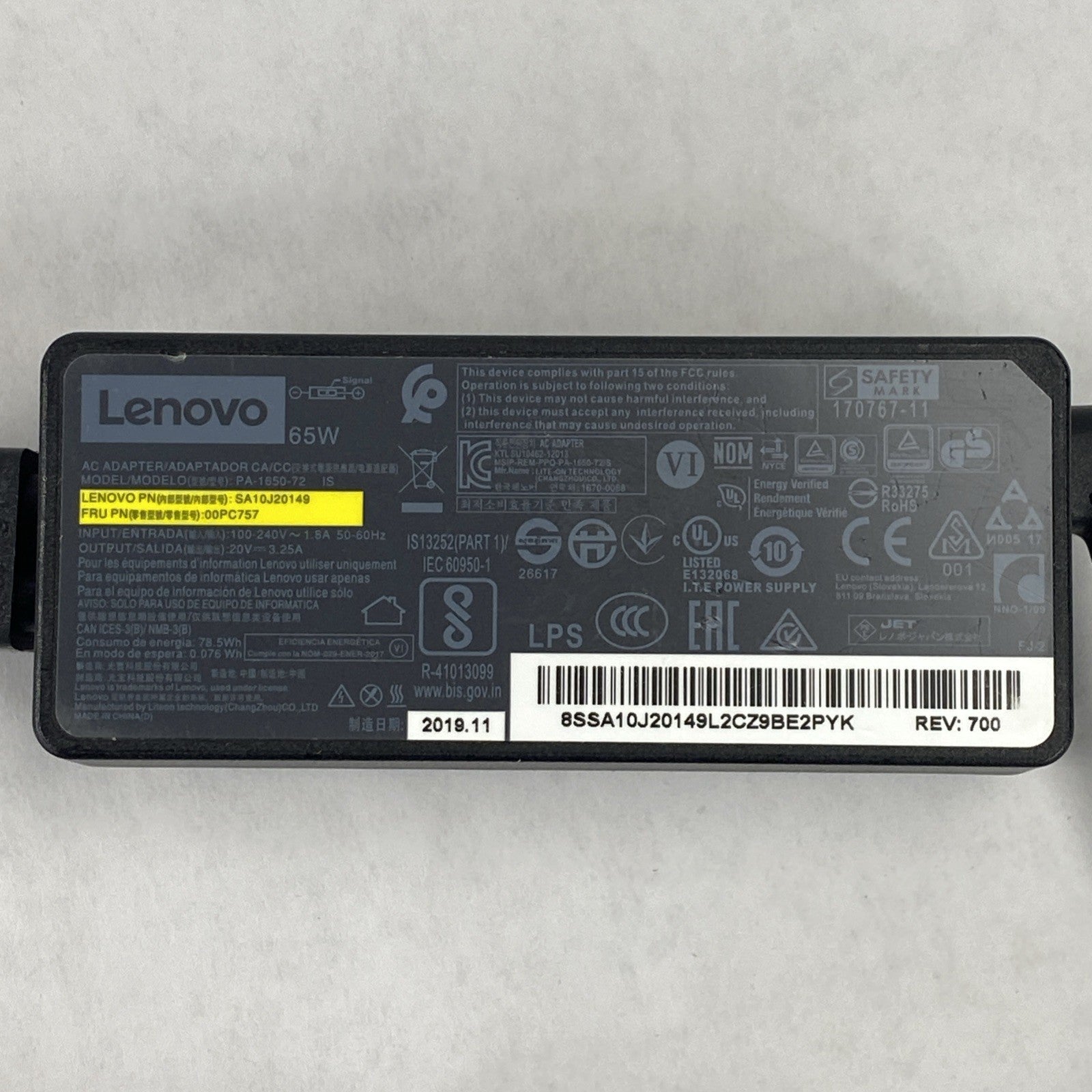 Lenovo PA-1650-72 65W 20V 3.25A Yellow Square Tip Charger AC Adapter (Lot of 10)
