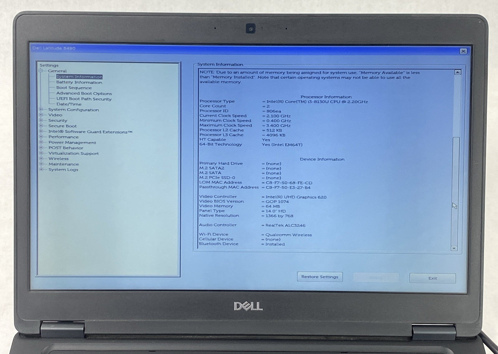 Dell Latitude 5490 Core i3-8130U 2.20 GHz 8 GB RAM 14" No Battery No HDD No OS