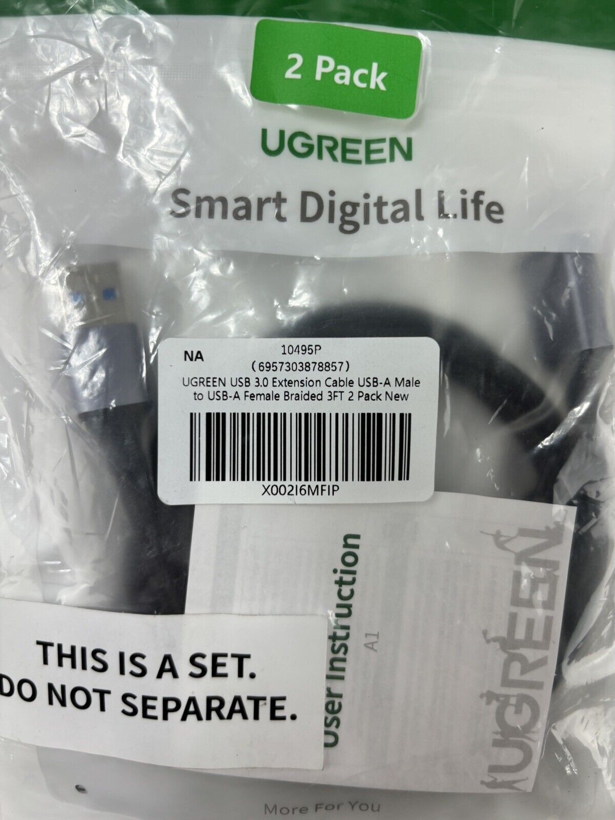 Pair of UGREEN USB A 3.0 Male to Female Extension Cable Nylon Braided