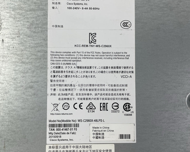 Cisco Catalyst WS-C2960X-48LPS-L V02 Tested and Reset