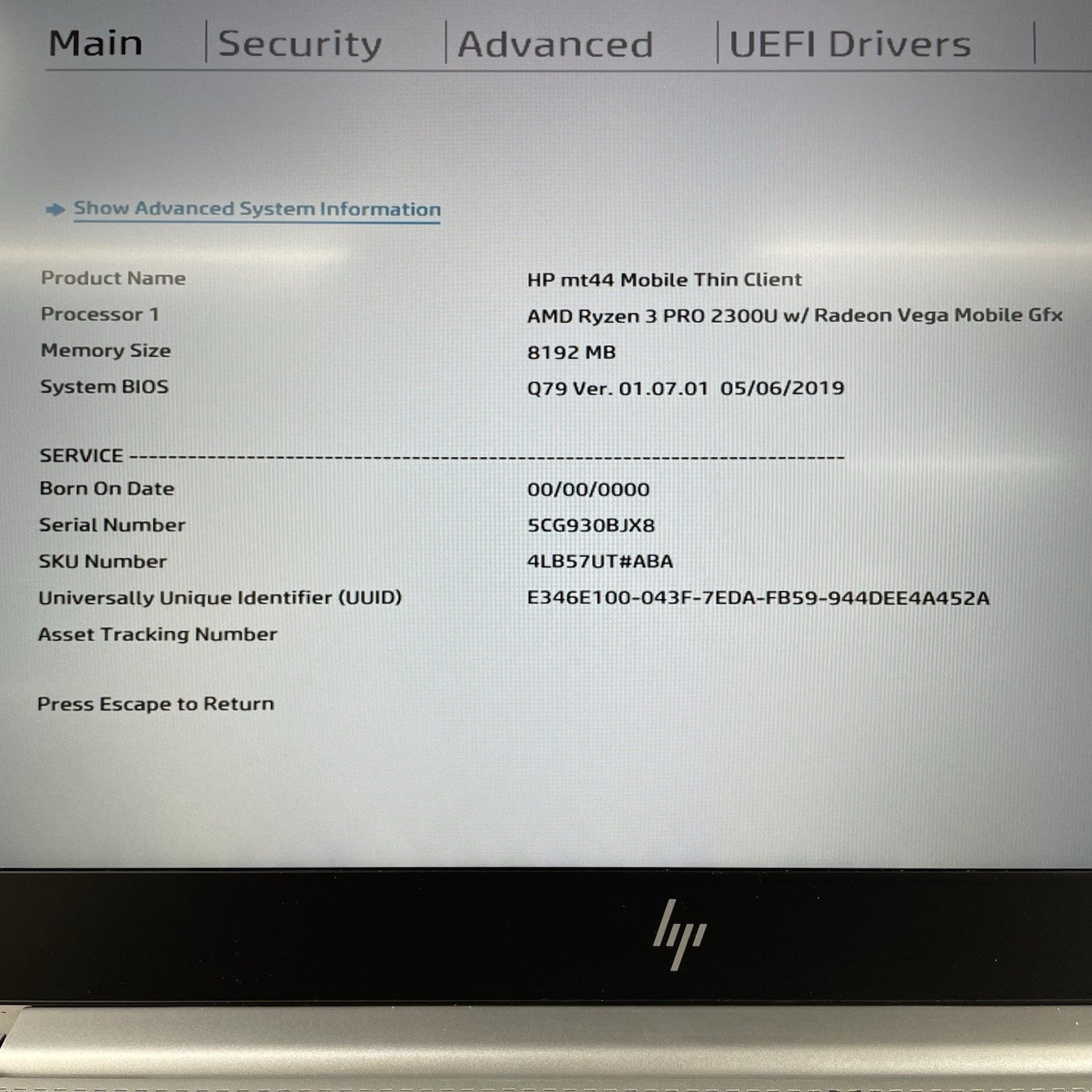 HP MT44 Thin Clinent 14" AMD Ryzen 3 Pro 2300U 2.00 GHz 8 GB RAM No SSD/OS/AC2