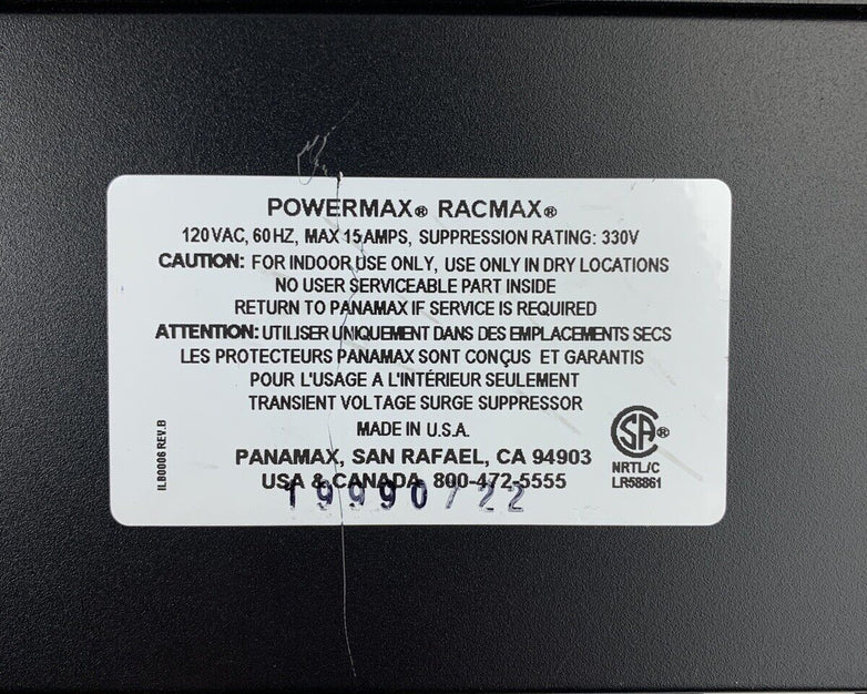 PanaMax PowerMaxx RacMax 8 AC Outlets 120 VAC 60 HZ 15 AMPS 330V Suppression