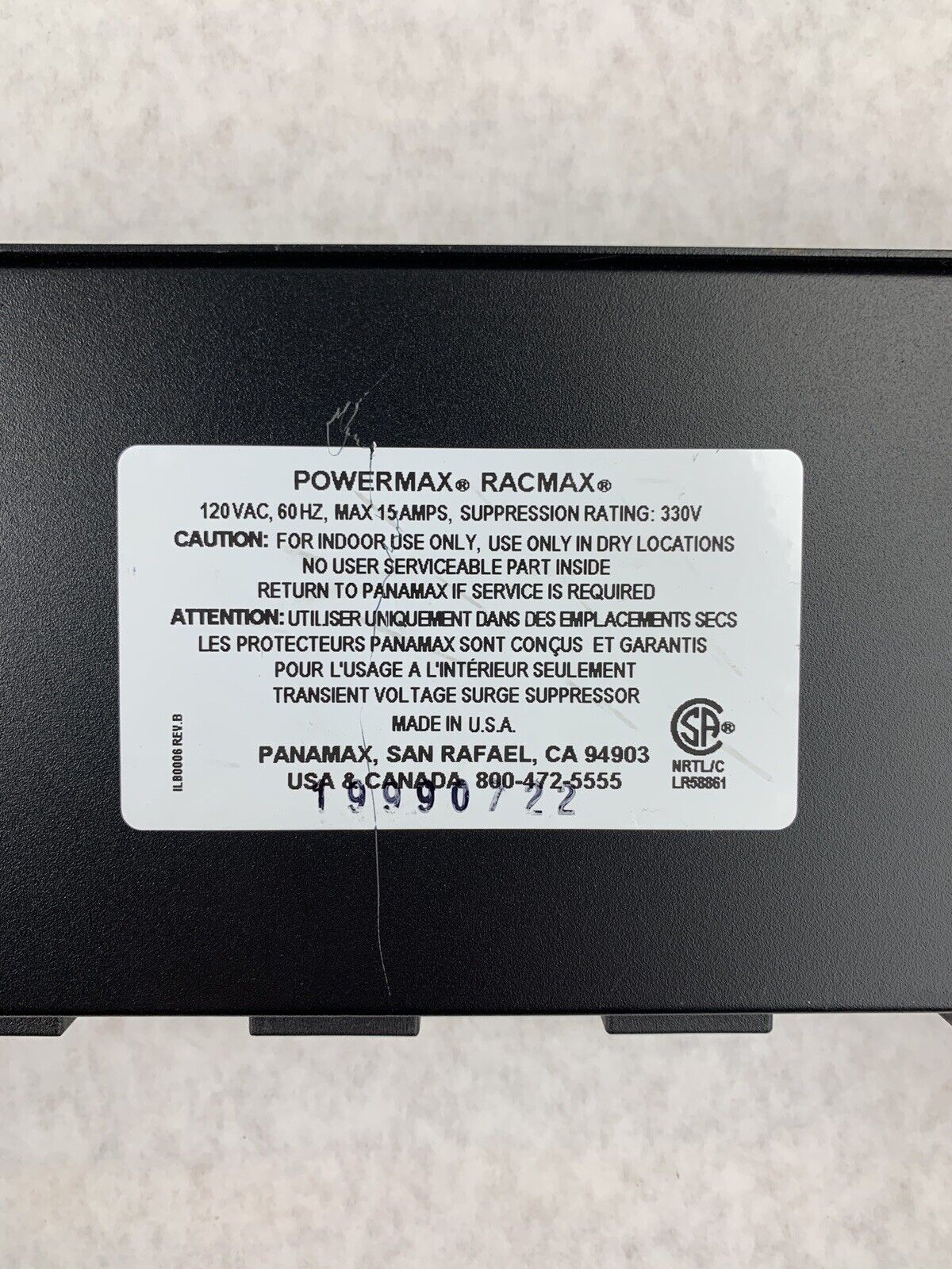 PanaMax PowerMaxx RacMax 8 AC Outlets 120 VAC 60 HZ 15 AMPS 330V Suppression