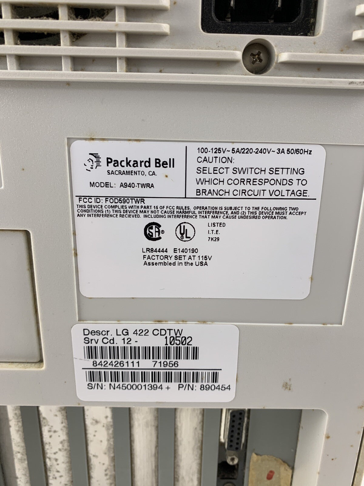 Packard Bell Legend 422CDT Vintage PC Pentium 120 MHz 16 MB Ram No OS No HDD