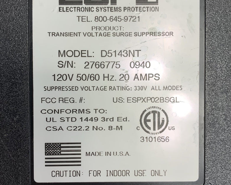 ESP D5143NT 120V 50/60Hz 20A Transient Voltage Surge Suppressor