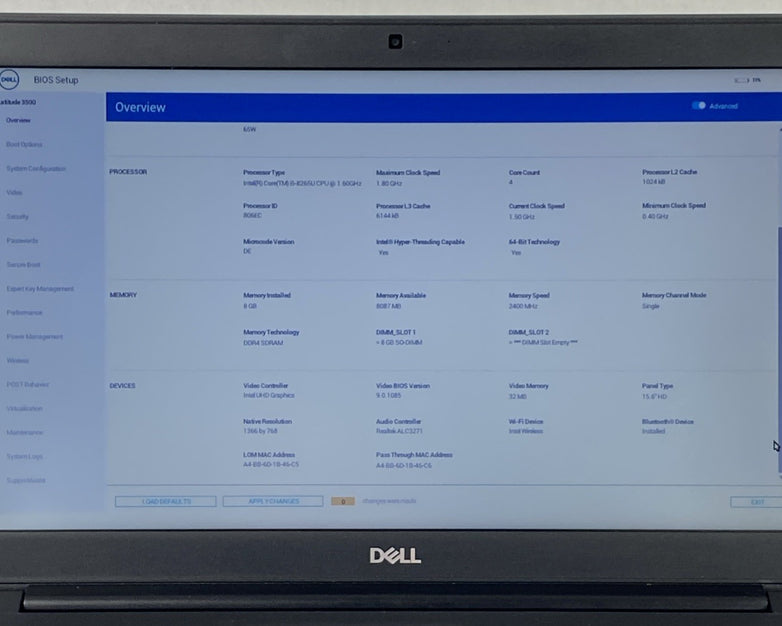 Dell Latitude 3500 Intel Core i5-8265U 1.60 GHz 8 GB RAM 15.6" No HDD No OS