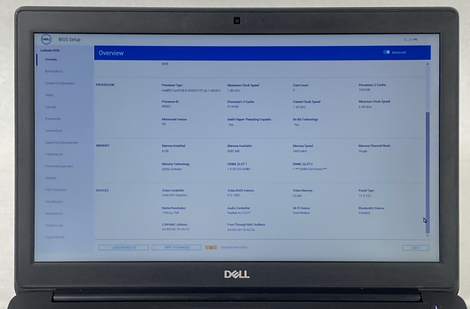 Dell Latitude 3500 Intel Core i5-8265U 1.60 GHz 8 GB RAM 15.6" No HDD No OS