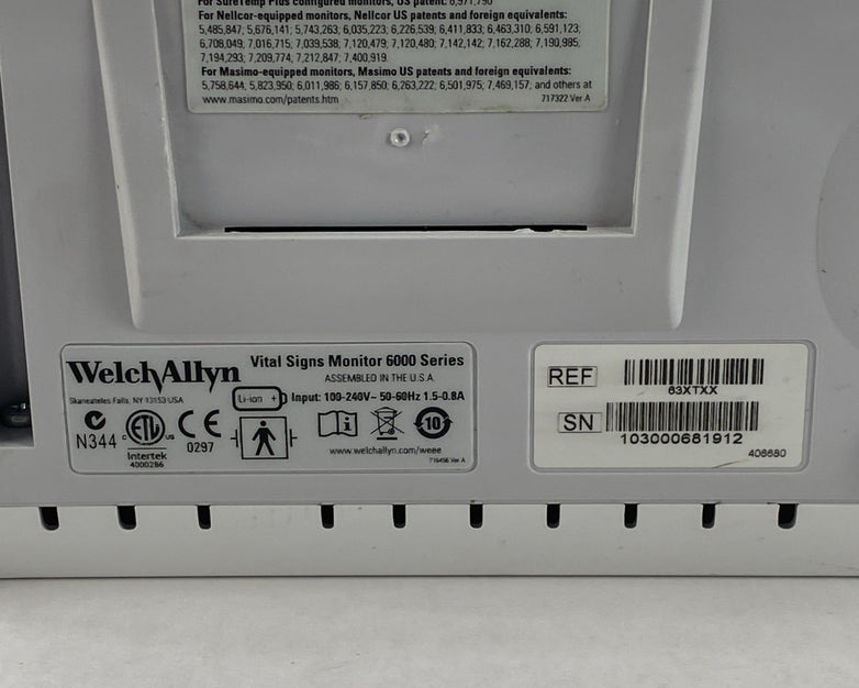 Welch Allyn 63XTXX Vital Sign Monitor 6000 Series - No Battery No NIBP Cable