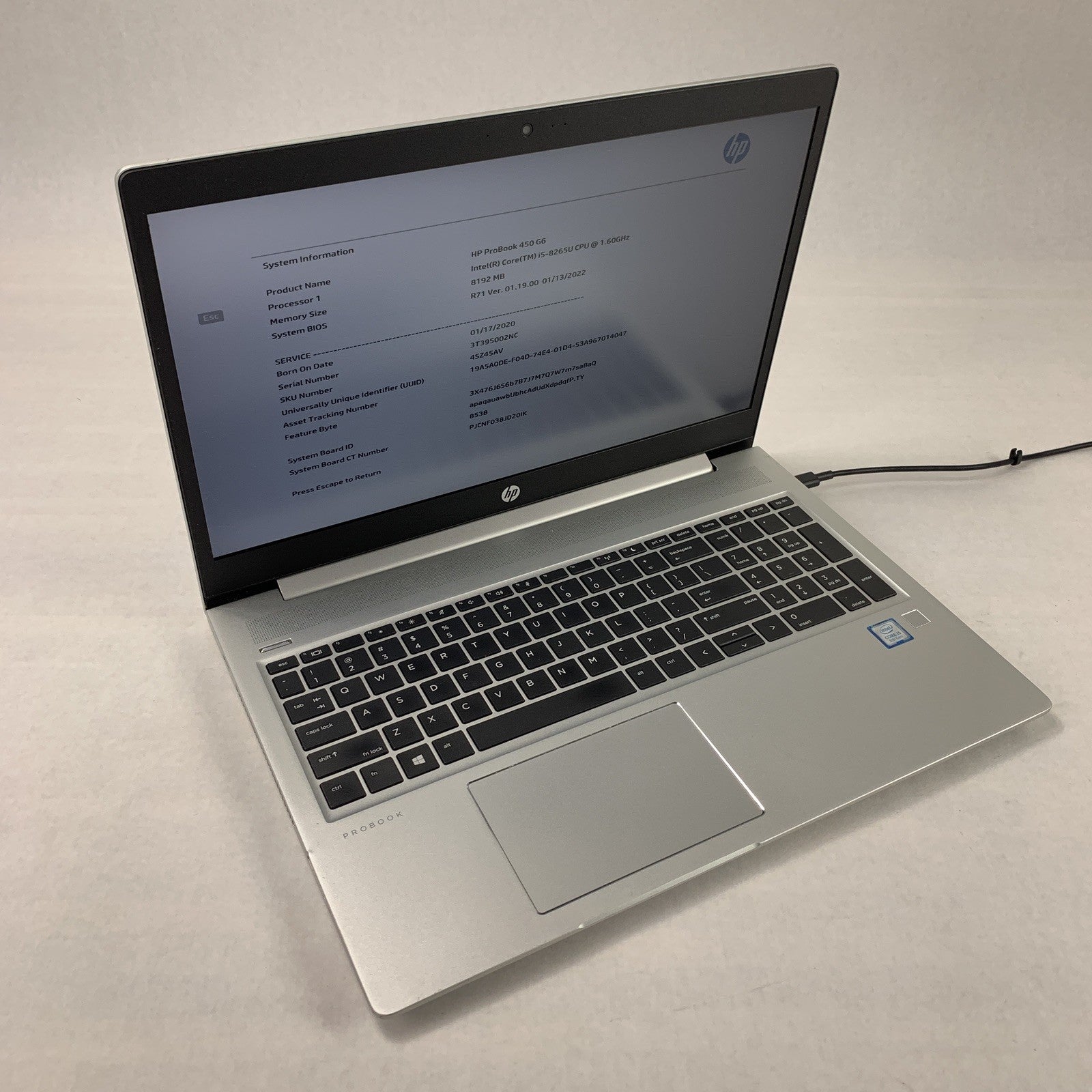 HP EliteBook 450 G6 15.6" Laptop i5-8265U 1.6 GHz 8 GB Ram No OS No HDD No AC