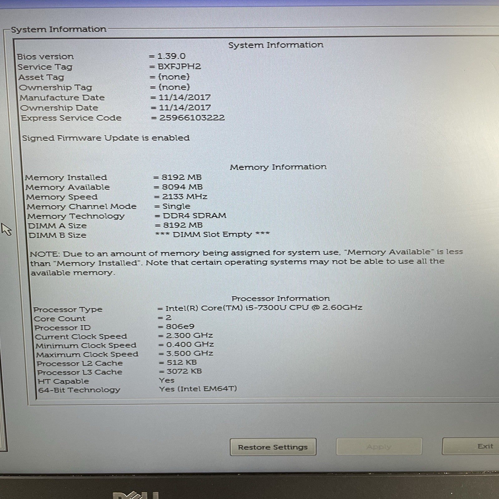 Dell Latitude 5580 15.6" i5-7300U 2.60 GHz 8 GB RAM No SSD/OS/Battery3
