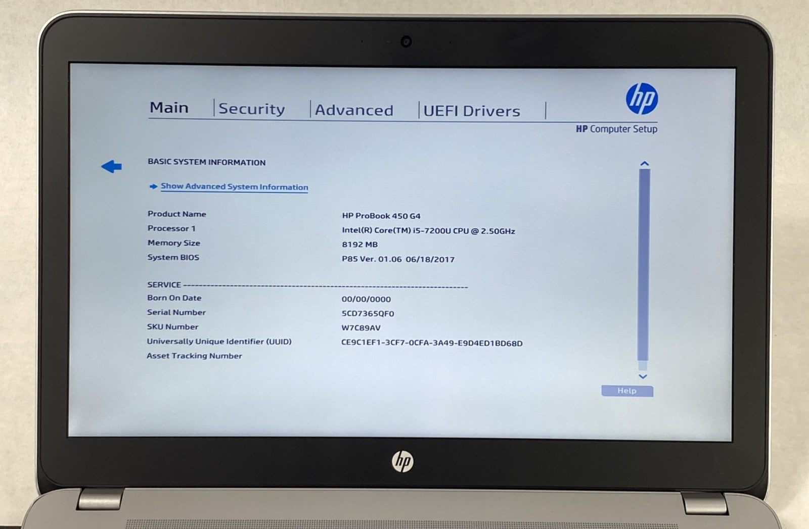 HP ProBook 450 G4 Core i5-7200U 2.50 GHz 8 GB RAM 15.6" No Battery No HDD No OS