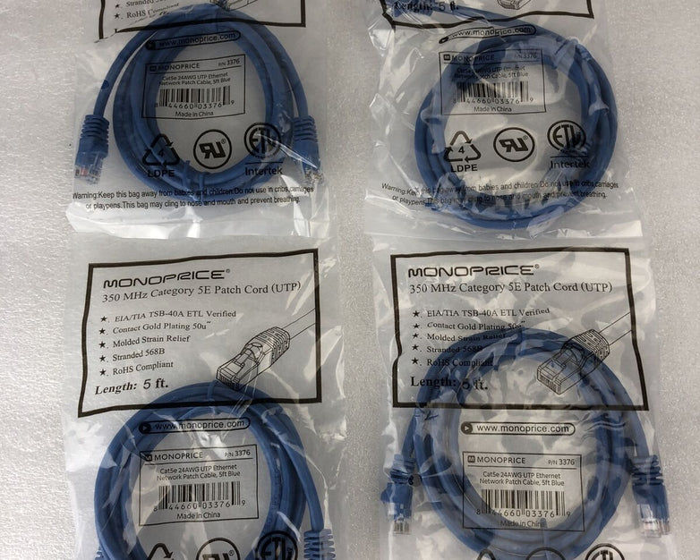 Monoprice Blue 5ft 5E Ethernet Patch Cord (UTP) - RJ45 350Mhz (Lot of 4)