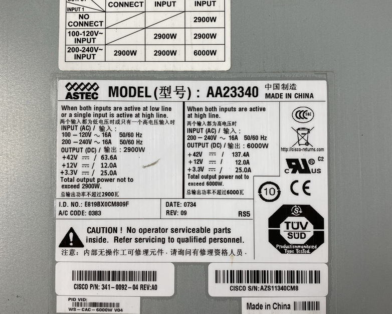 Astec AA23340 6000W Cisco P/N: 341-0092-04 Server Power Supply Untested