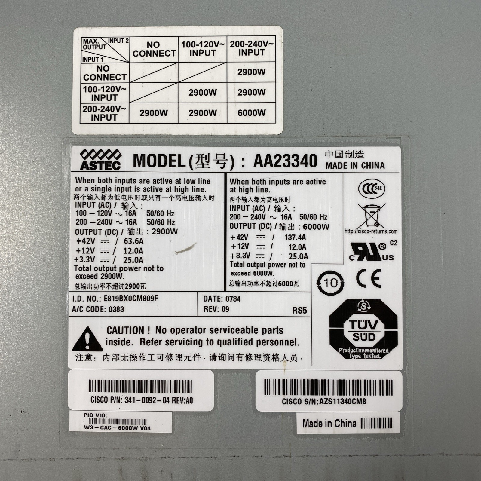 Astec AA23340 6000W Cisco P/N: 341-0092-04 Server Power Supply Untested