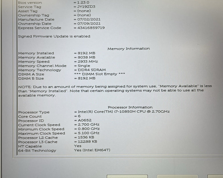 Dell Precision 3551 15.6" i7-10850H 2.70 GHz 8 GB RAM No SSD/OS/AC/Batt - READ