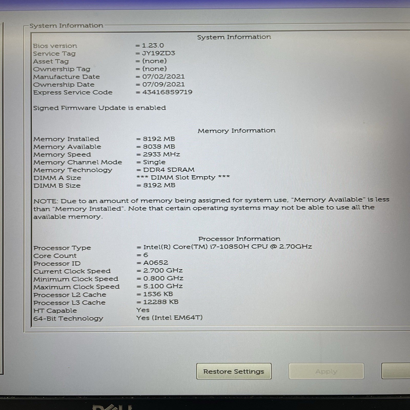 Dell Precision 3551 15.6" i7-10850H 2.70 GHz 8 GB RAM No SSD/OS/AC/Batt - READ2